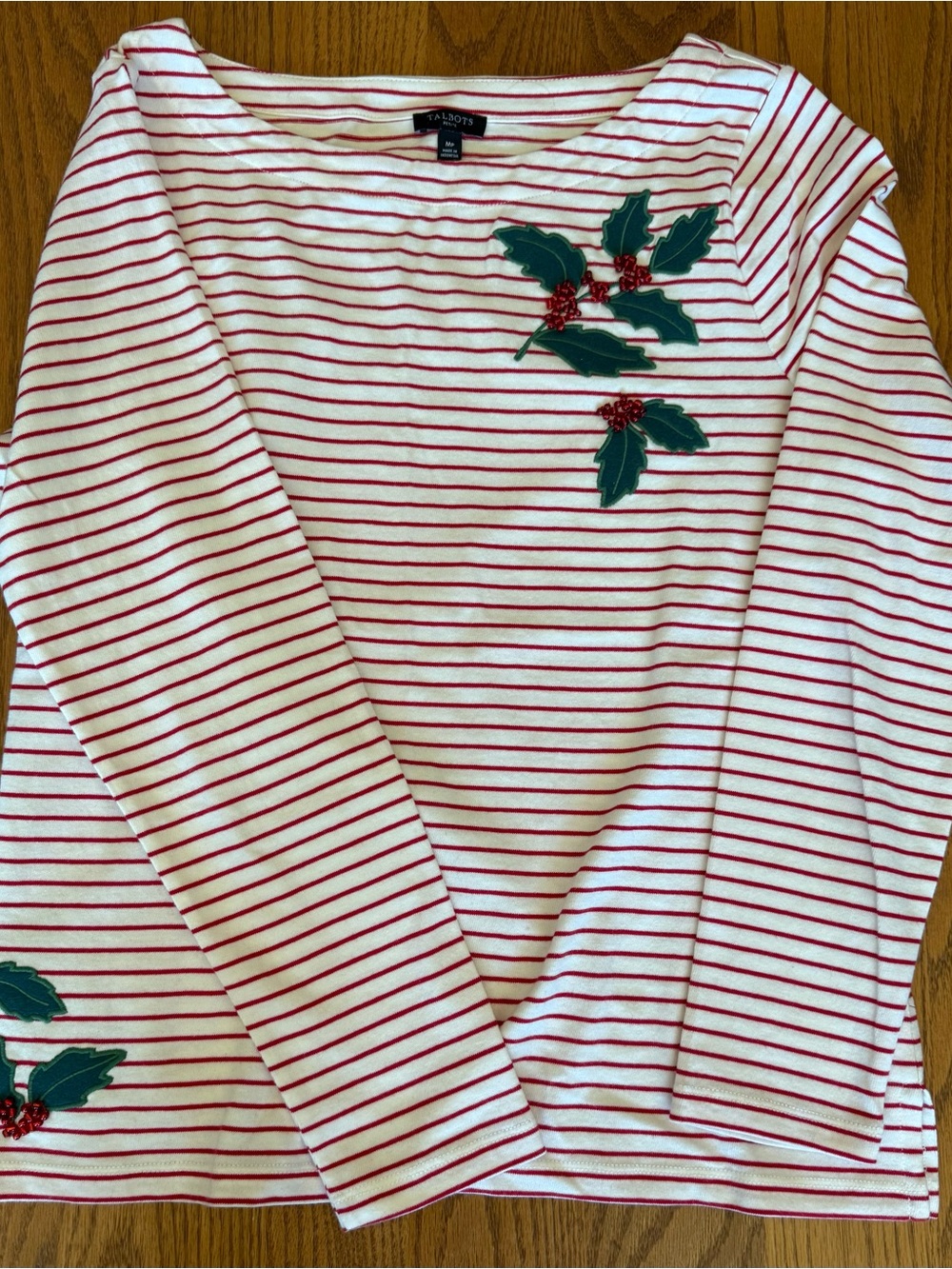 Talbots Petite Cream and Red Striped Knit Top with Green Appliqué